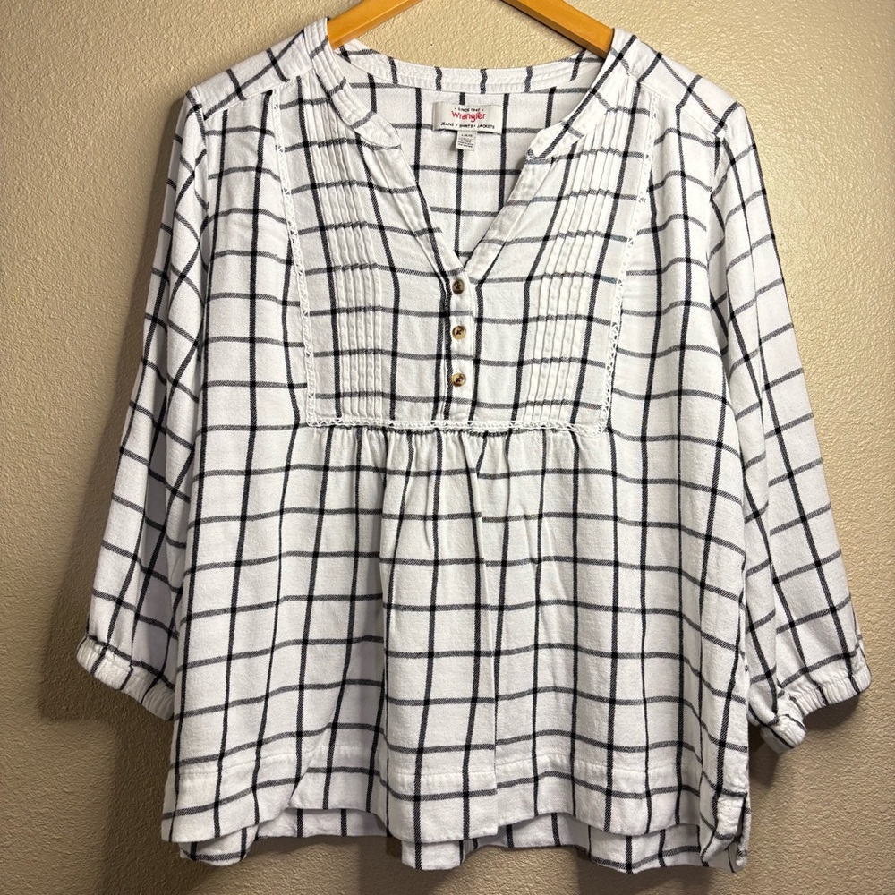 Wrangler White Plaid Henley Peasant Top size L